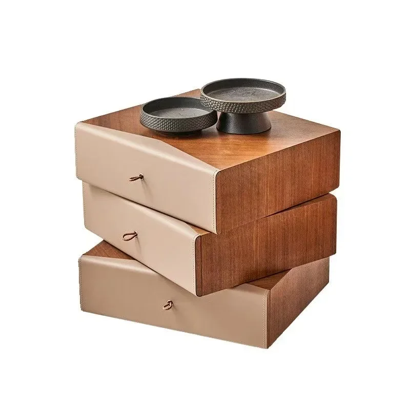 Designer bedside table walnut leather Italian minimalist bedside table villa premium saddle leather rotating bedside table