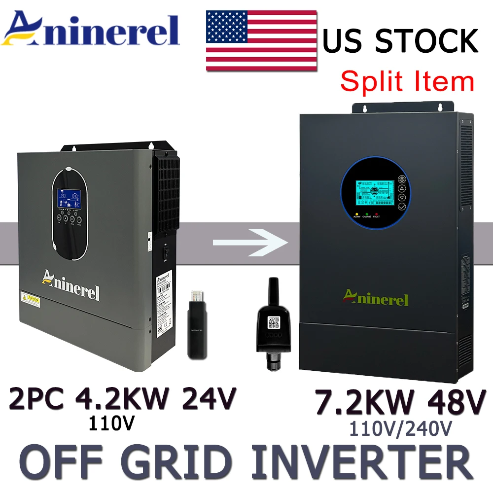 Aninerel 7.2kw 48V Hybrid Solar Inverter Off Grid 4.2KW 24V 110/120v Pure Sine Wave MPPT Solar Charger Power Home 2pcs 4.2KW Solar Inversor PV Max 6200W 50Hz/60Hz for LCD Display