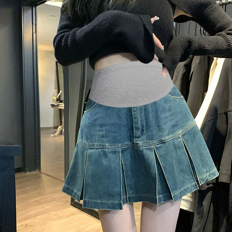 

Retro Pleated A Line Denim Maternity Mini Skirts Summer Elastic Waist Belly Slim for Pregnant Women Pregnancy Shorts Jeans Pants