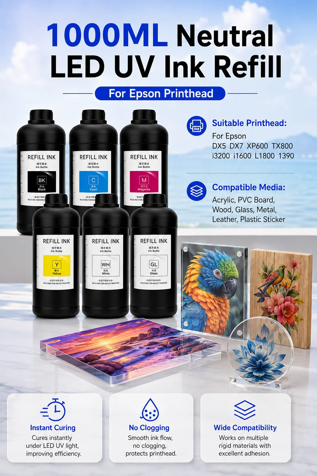 1000ML Neutral LED UV Ink Refill For Epson DX5 DX7 XP600 TX800 I3200 I1600 L1800 1390 Printhead Compatible UV Flatbed Printer