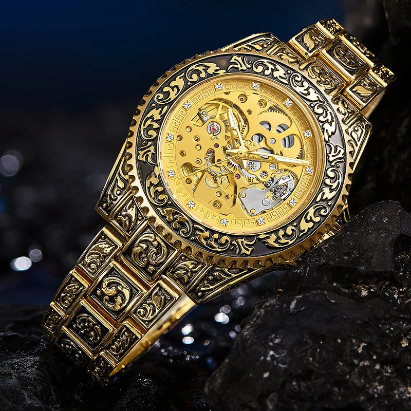 Gold Skeleton Mechanical Watch Men Automatic Vintage Royal Fashion Engraved Auto Wrist Watches Top Brand Luxury Crystal