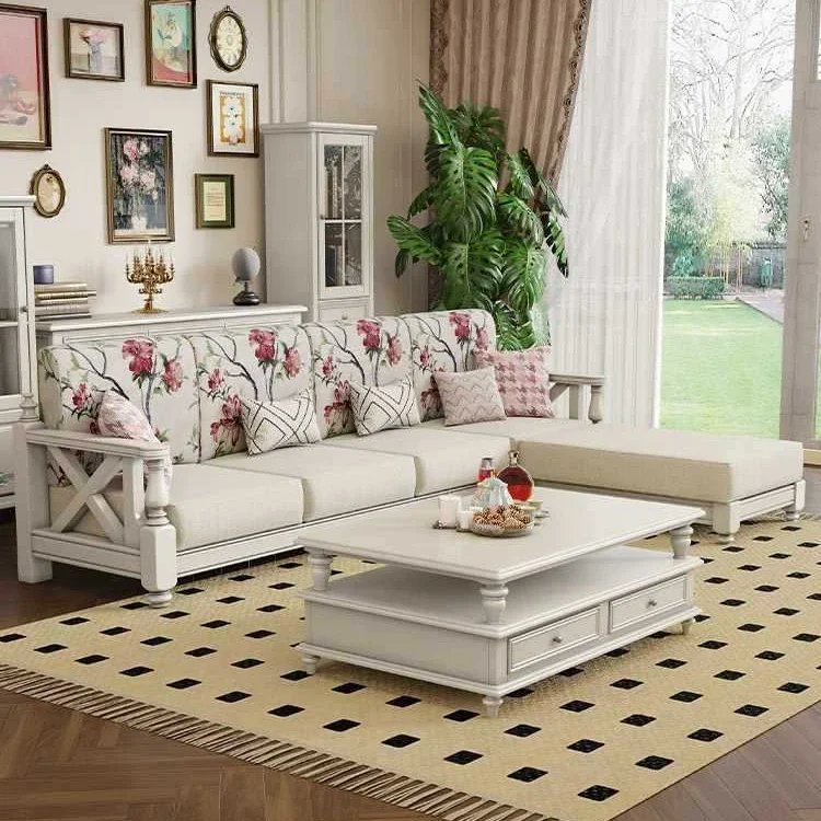 European Wooden Country Luxury Style Living Room Sofa Linen Covered Couch Corner Sofa Set Furniture