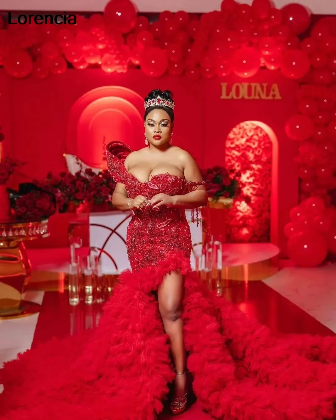 Perline di lusso personalizzate Abito da sera rosso africano Abito da ballo con spacco alto Increspato Tulle Treno Aso Ebi Abito da ricevimento di nozze YPD258