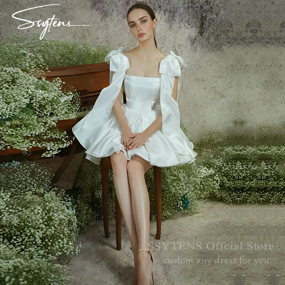 SSYTENS White Satin Prom Dresses Strapless Bow Straps Short Birthday Dress Woman Sexy Wedding Dress платье на выпус
