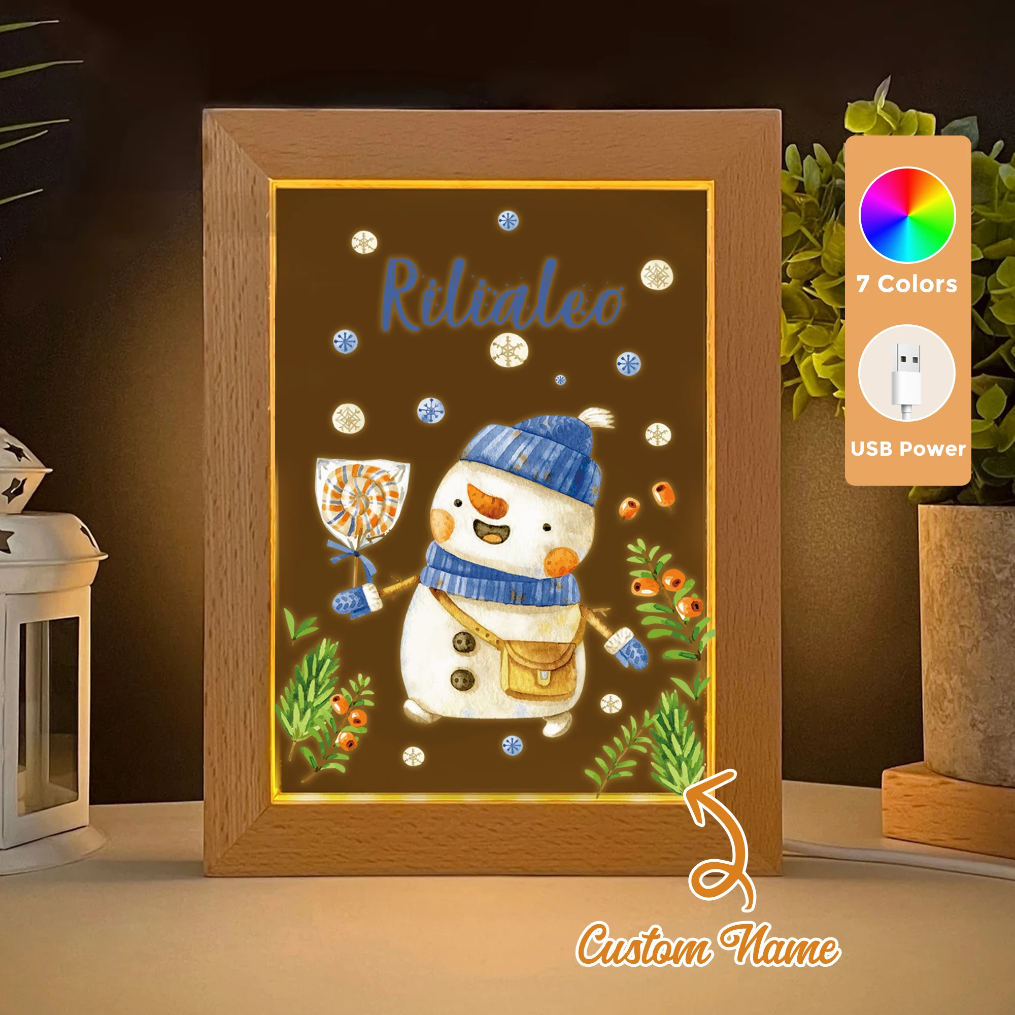 

Custom Name Snowman LED Acrylic Night Light Wood Photo Frame 21x17cm Christmas Cartoon Children Bedroom Gifts Home Decor