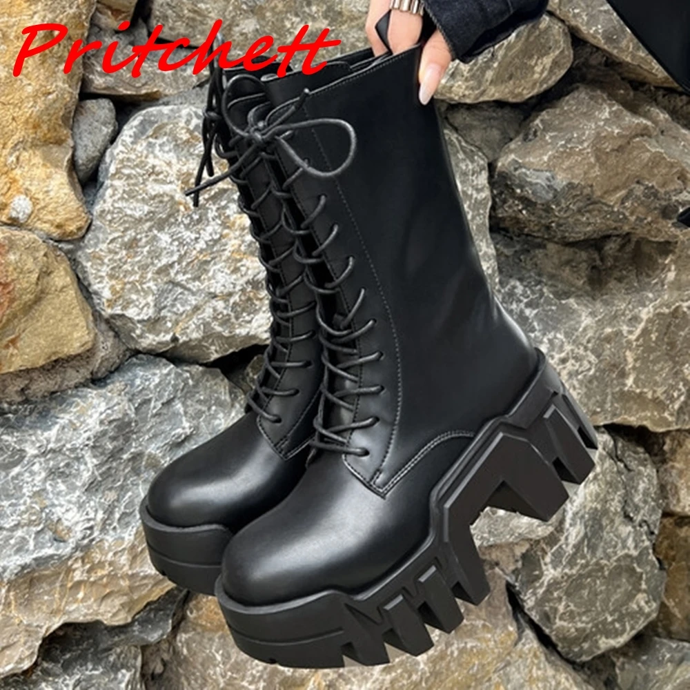 Botas de couro pretas clássicas Punk Mid Bezerro para mulheres, Toe redondo, Zíper lateral, Plano com sola grossa, Lace Up, moda garota legal