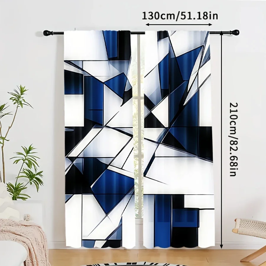 Modern Abstract Blue Geometric Pattern Curtains for Living Room Home Decor Semi-Sheer Window Drapes