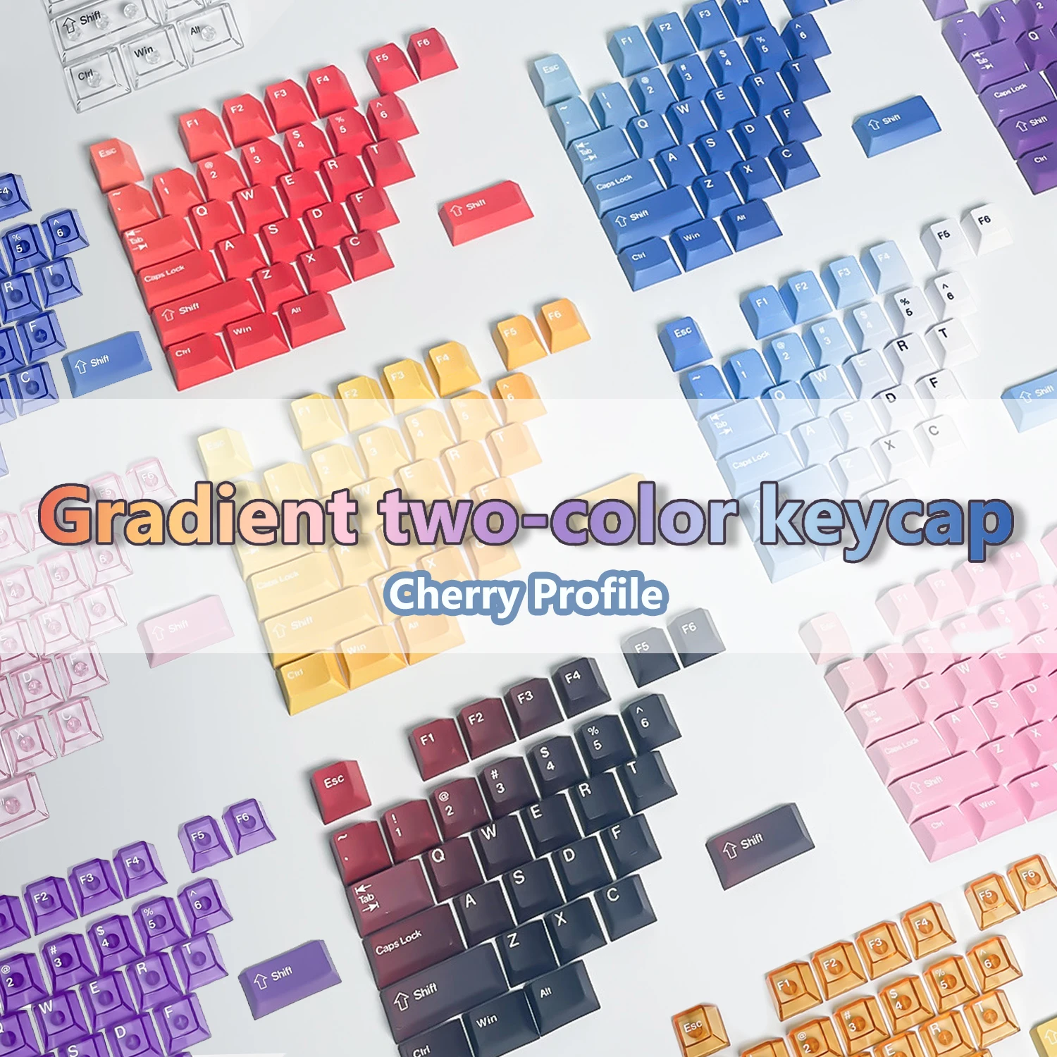 

7-Color Gradient Transparent Keycaps PBT PC Hybrid Cherry Profile 164 Keys for 60% 75% Mechanical Keyboard Full Keyset