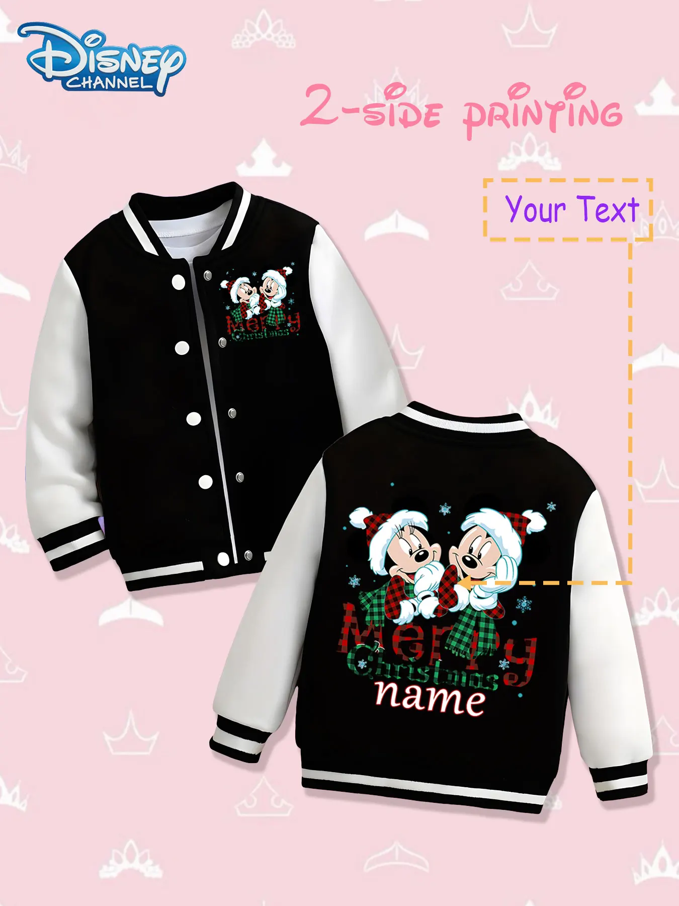 

MINISO Disney Christmas Mickey and Minnie girls' baseball jacket - double-sided Christmas theme print, warm in autumn and winter