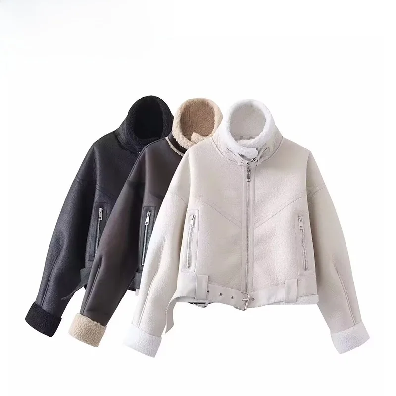 

ZBZA Spring New Women's Faion Stand Collar Zipper Decorated Motorcycle ort Jaet Outerwear Slim Fit Long Sve PU Leather