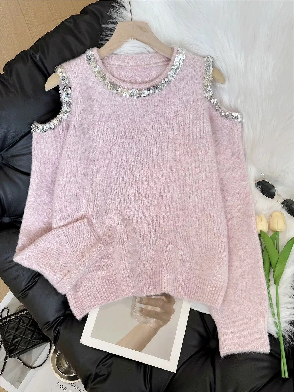 

Сладкий и пряный дизайн, большой размер, женский длинный свитер с колючками и пайетками, осень-зима, утягивающий топ больших размеров