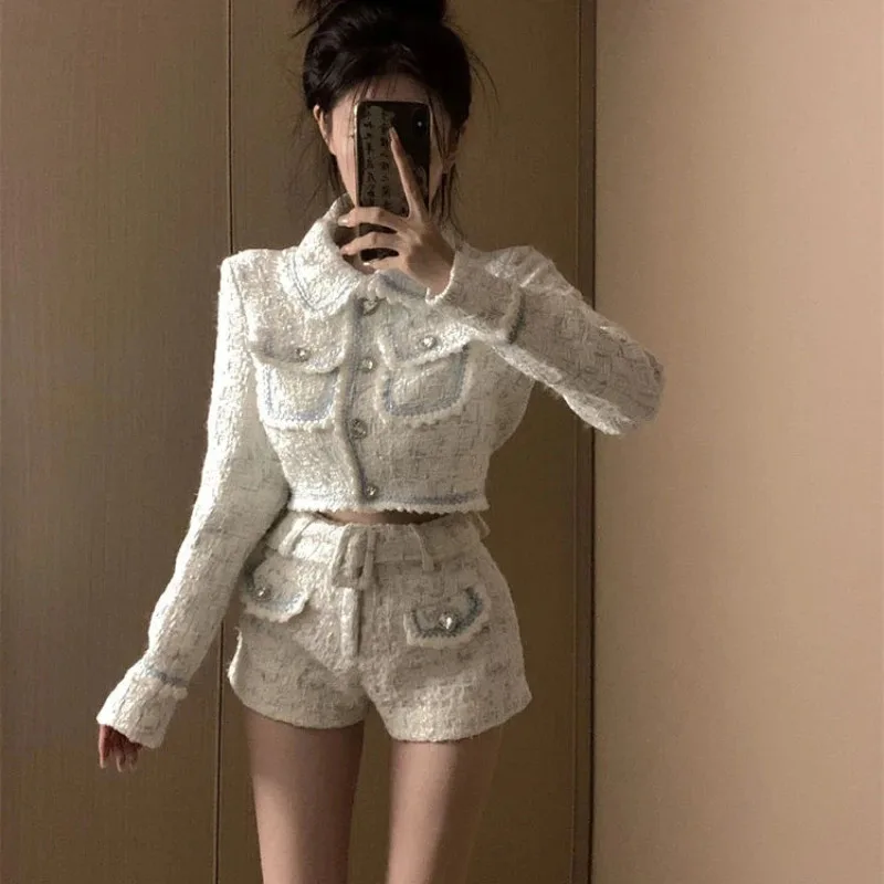 Bonito outono elegante shorts 2 peça conjunto feminino outwear casual colheita topos casaco + senhora do escritório y2k shorts feminino moda coreana terno