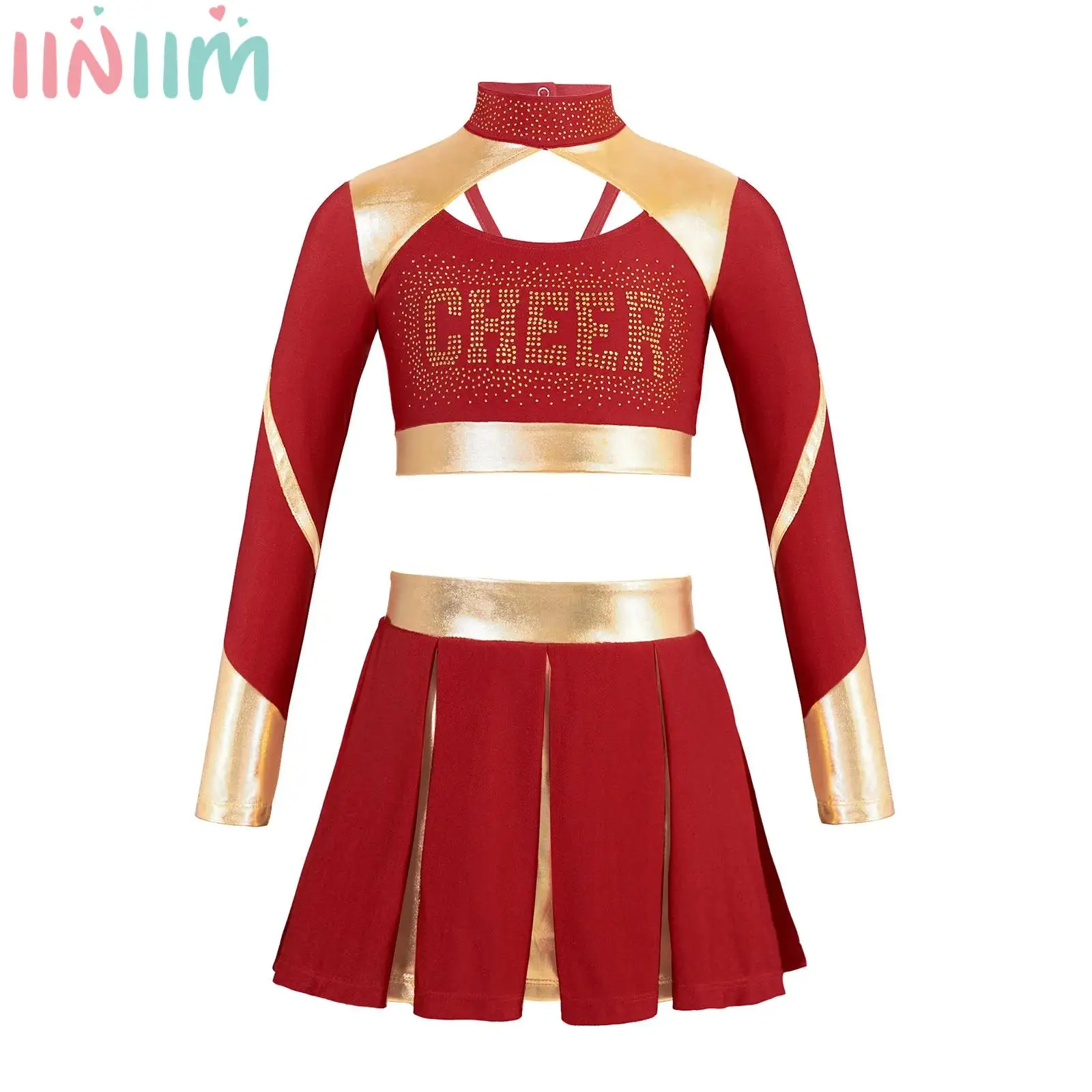 

Girls Dance Outfit Cheerleading Costume Letter Print Long Sleeve Crop Top with Pleated Skirt Set Cheer Leader Team Uniform