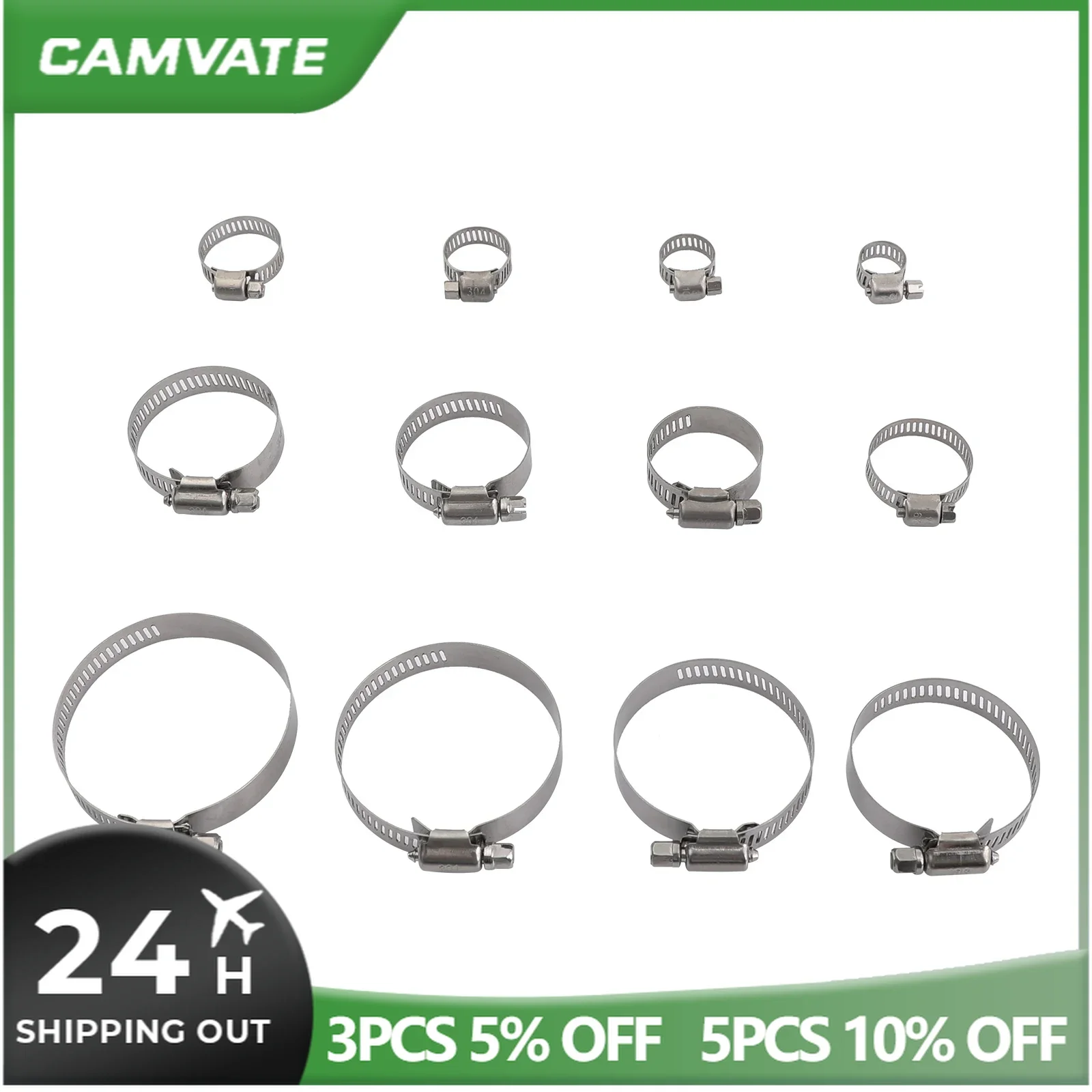 CAMVATE Multi-purpose Worm Gear Hose Clamps Assortment 304 Stainless Steel Construction Various Adjustable Clamping Range For Pl