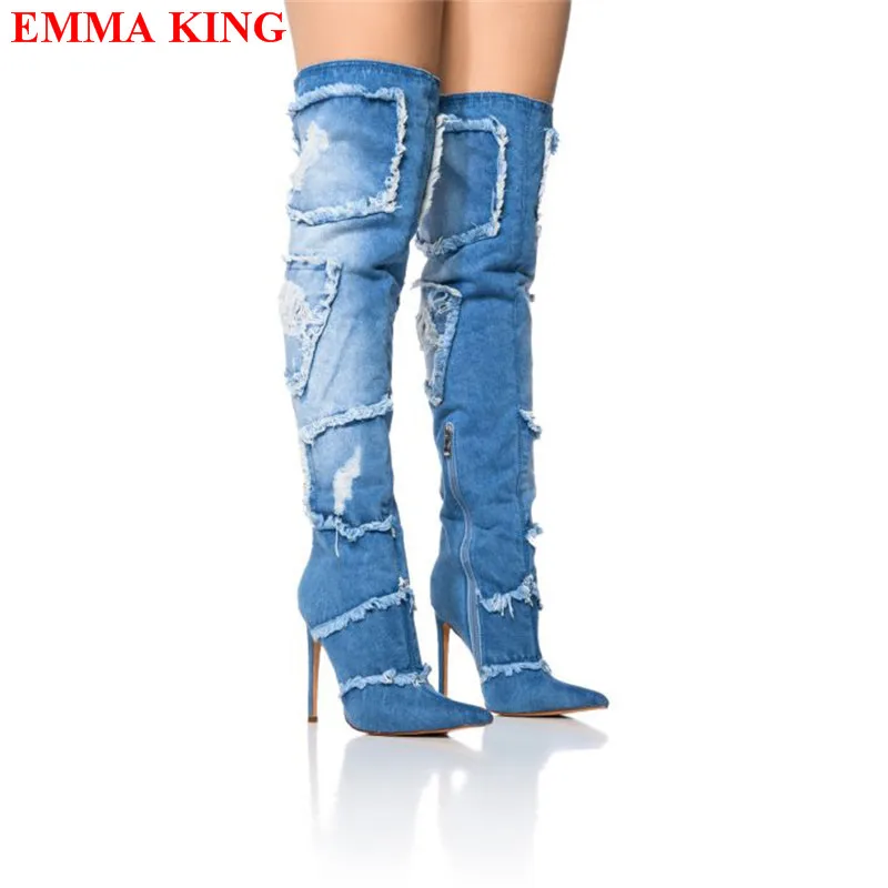 

2023 New Denim Over The Knee Boots Autumn Winter Street Style Zipper Thigh High Boots Pointed Toe Thin High Heels Shoes ize 44