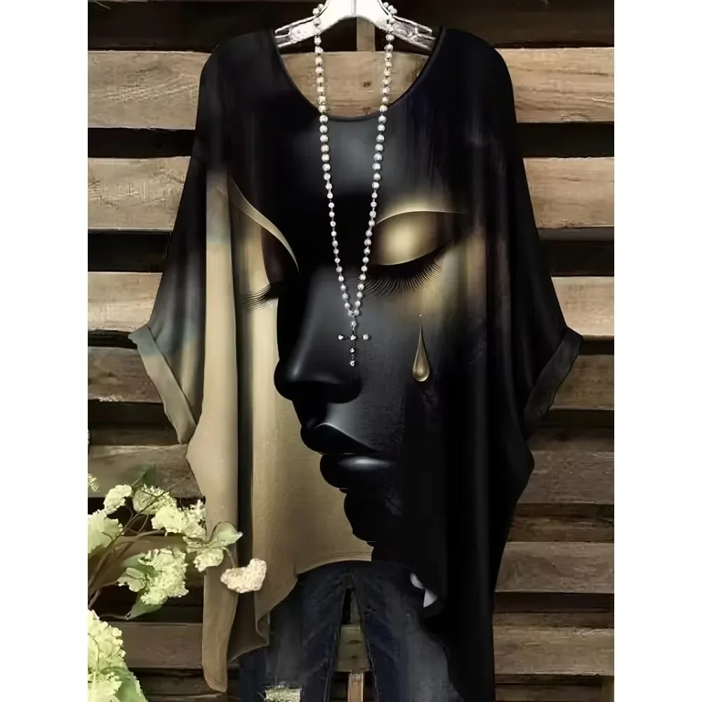 Women Loose Batwing Sleeve Print T Shirt Round Neck Short Sleeve Casual Top New European Style Ladies Daily Streetwear Versatile