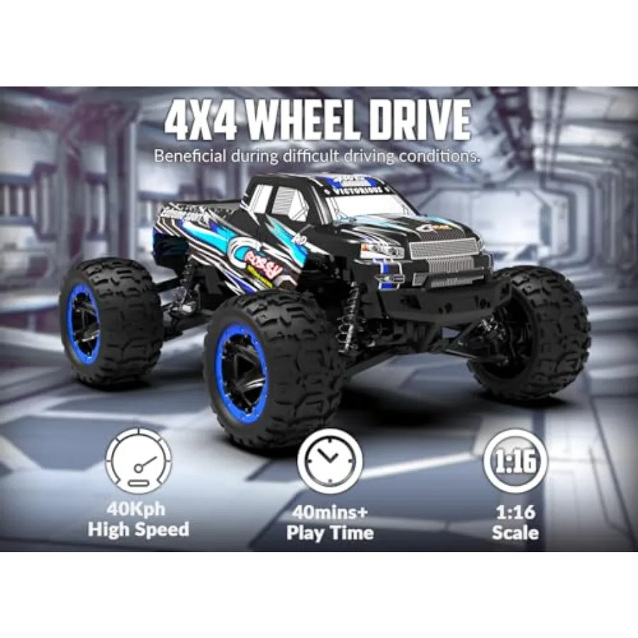 RC Truck 1:16 4x4 All Terrain RC Car for outdoor use, ABS plastic body, black, 40KPH high speed with full proportional control