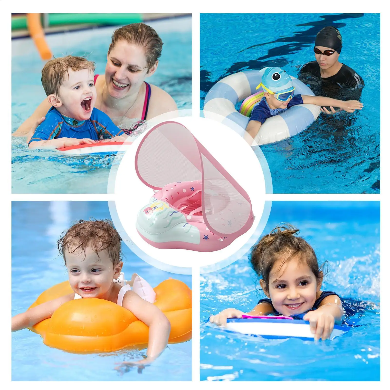 Baby Float With Canopy Inflatable Kids Swim Float With Canopy Safety Seat Adjustable UV Protection Swimming Rings For Boys Girls