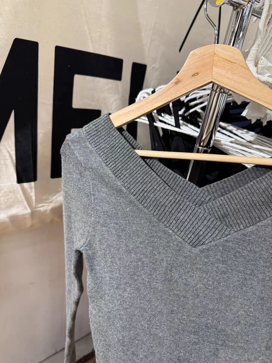 Cinza duplo decote em v camisola de malha primavera algodão fino manga longa malhas topos feminino vintage sólido all-match jumpers 2026 novo