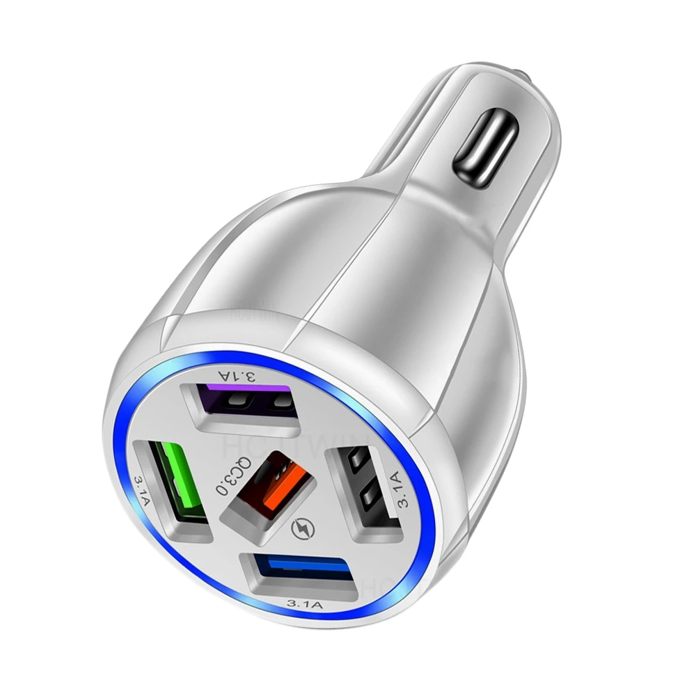 5 Ports USB Car Charger Quick Charge 3.0 Fast Car Lighter for Samsung Huawei Xiaomi iPhone Car Charger QC 3.1-White