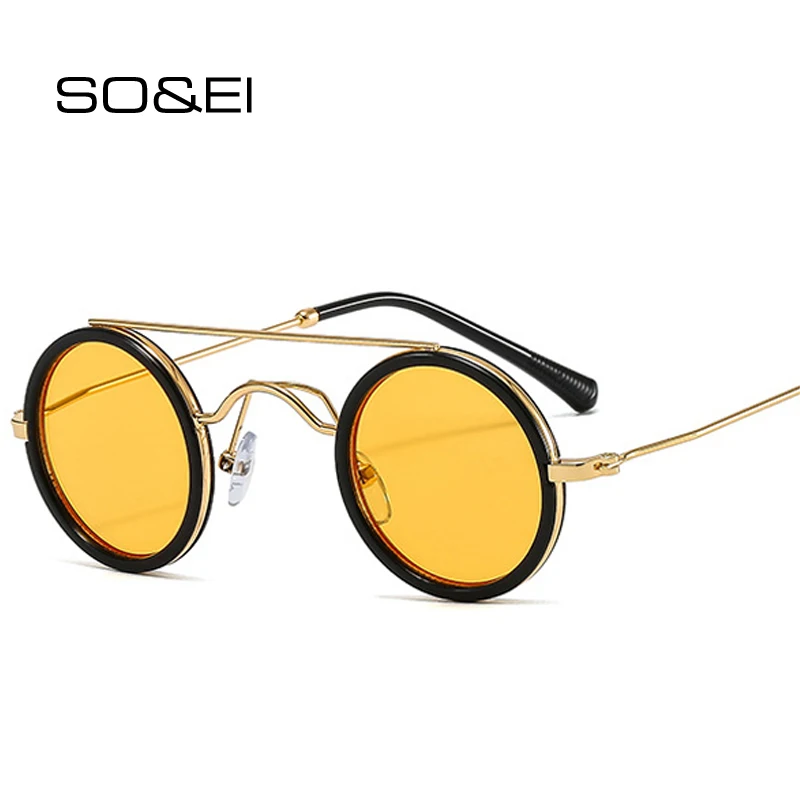 

SO&EI Fashion Small Round Double Bridges Sunglasses Women Vintage Clear Ocean Lens Eyewear Shades UV400 Men Punk Sun Glasses