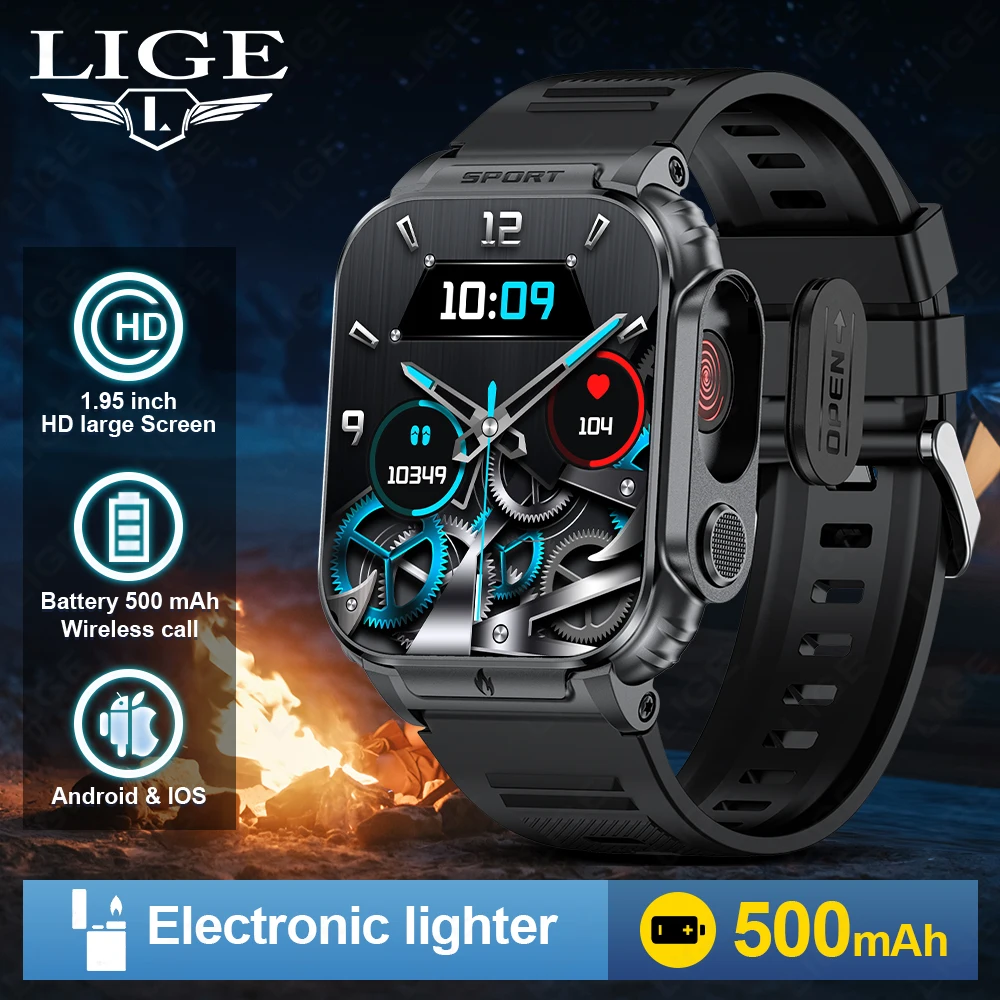

LIGE New Smart Watch with Electronic Lighter 500mAh Large Battery 1.95" HD Display Bluetooth Call Outdoor Sport smart watch Men