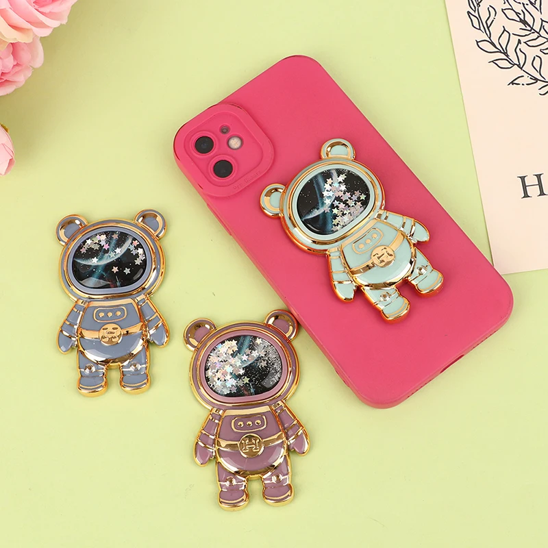 1Pc Cute 3D Cartoon Space Bear Glitter Liquid Quicksand Mobile Phone Grip Stand Holder Astronaut Brackets Phone Kickstand