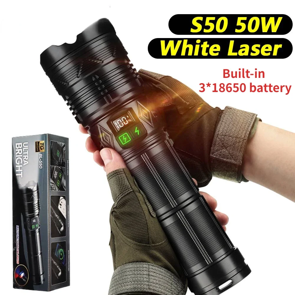 High Power White Laser Flashlight Super Bright LED Spotlight Long Range Torch Zoom Emergency Outdoor With Battery Indicator