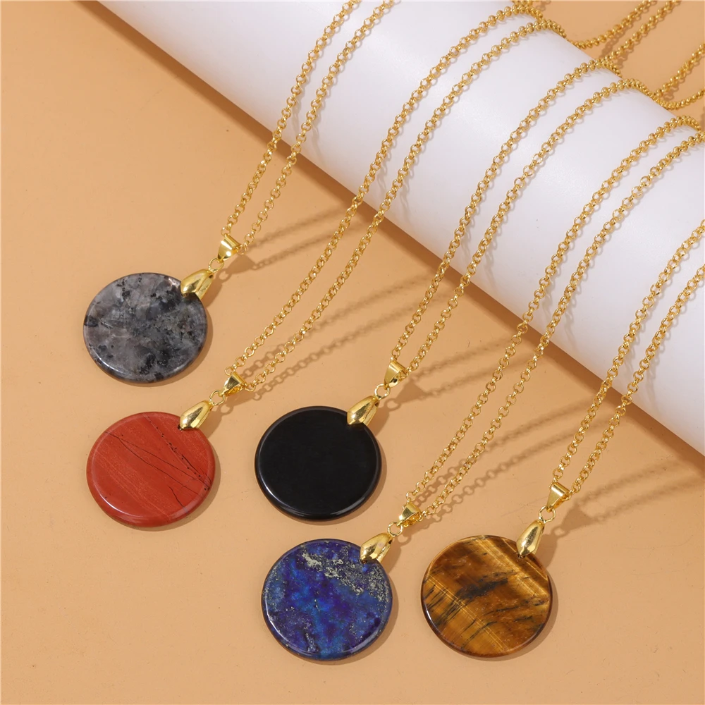 Natural Stone Round Flat Slice Pendant Necklace Tiger Eye Obsidian Labradorite Charm Necklaces Healing Reiki Necklace for Women