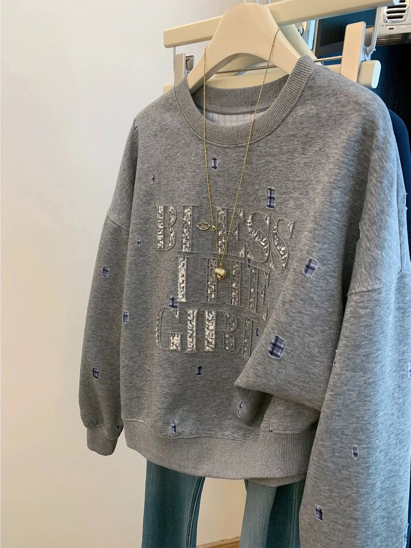 Extra grande tamanho longo sve bordado lantejoulas carta moletom feminino solto casual coreano sle topo para plus size