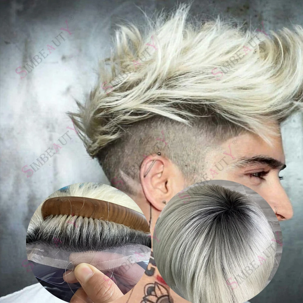 

Ombre Platinum Blonde Man Hairpiece Breathable 100% Human Hair Durable French Lace Toupee Full Lace Hair System Vloop PU Men Wig