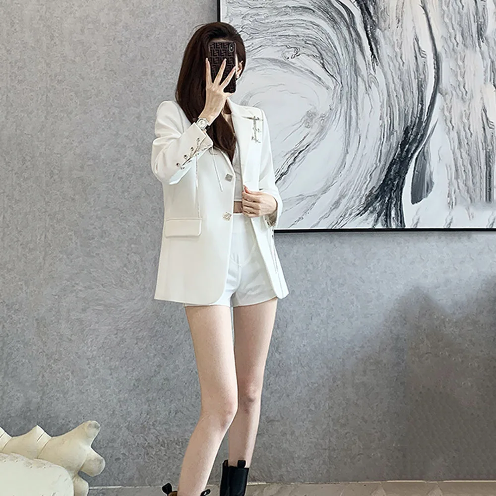 Spring Fashion Blazer Woman Diamonds Button Vintage Autumn Women\'s Suit Jacket Korean Pin Casual Coat Ladies Chic Suit Outerwear