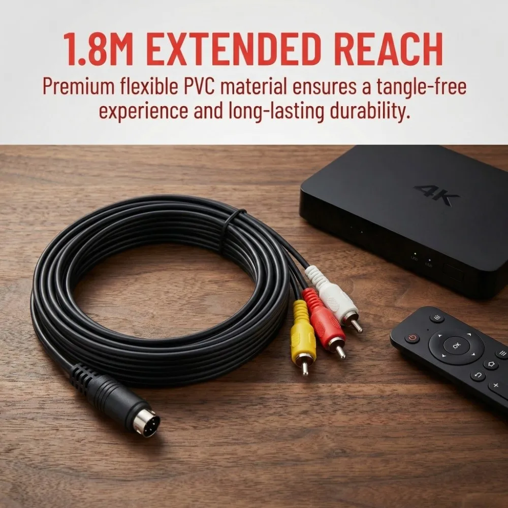 

Flexible Male to Male Mini DIN 9 Pin to 3RCA Cable Plug and Play 5.9ft Audio Adapter Cable Nickel Plated Mini DIN Cable Monitor