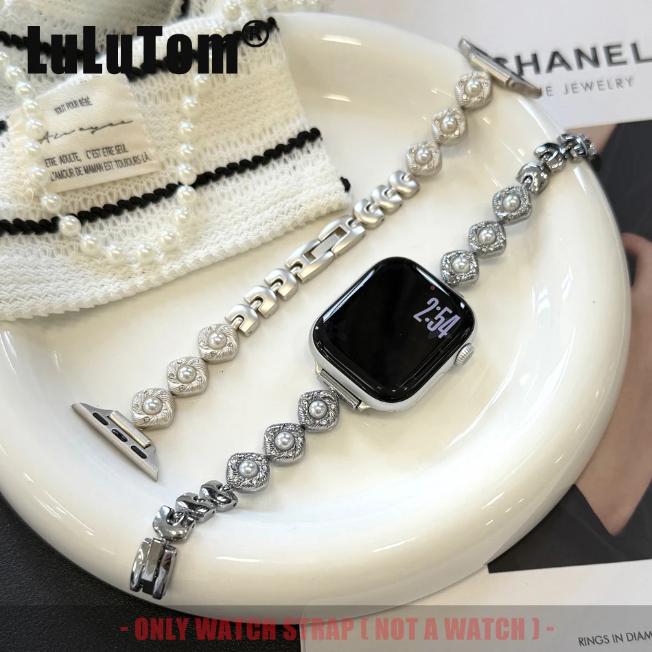 

Ремешок с жемчугом и цирконием для Apple Watch Series 11 10 9 8 7 6 SE 5 4 Ультра роскошный металлический ремешок iwatch 46 42 38 40 41 44 45 49 мм Браслет
