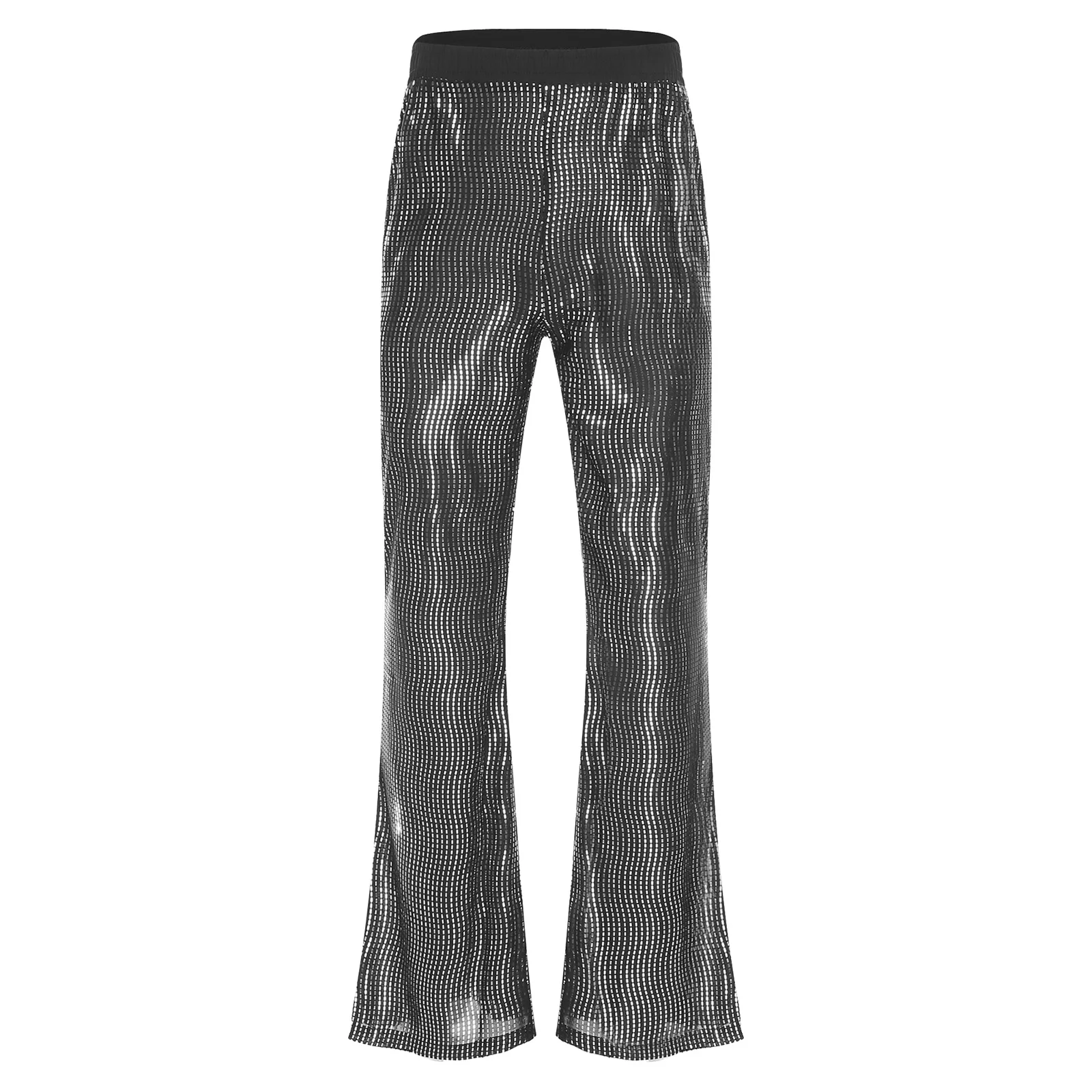 Mens Glittery Sequin Flared Pants Jazz Dance Costume Elastic Waist Bell Bottom Long Pants Trousers Clubwear For Music Festival