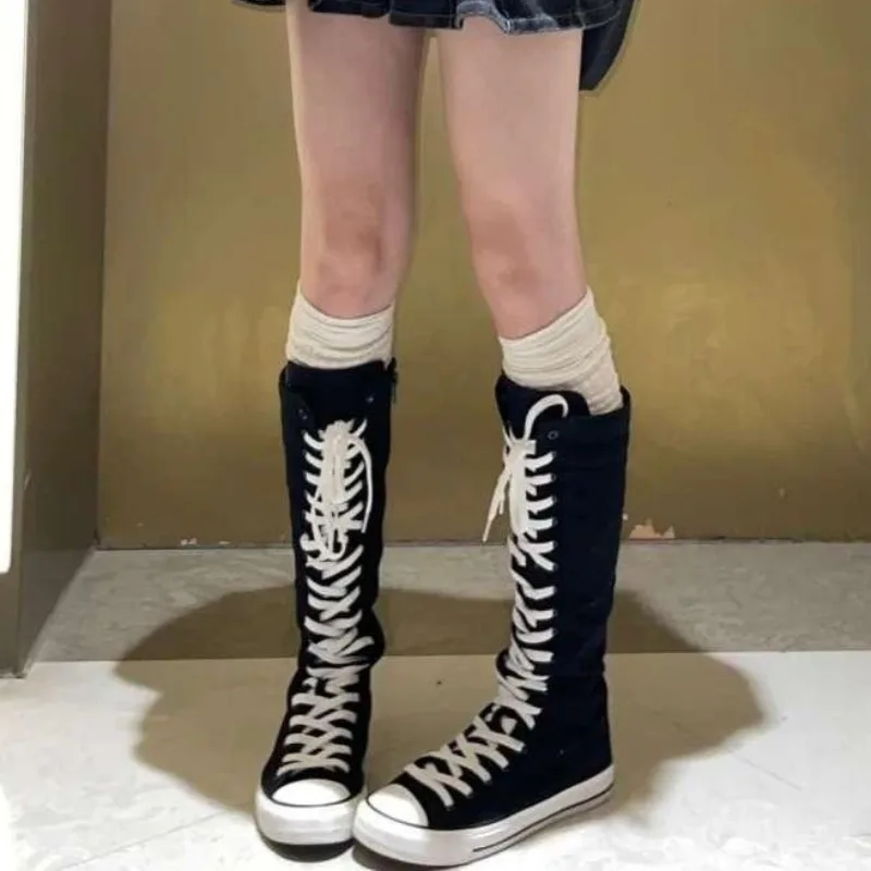 2025 New High Top Canvas Shoes for Women's Korean Edition Long Boot Lace-Up Zipper Comfortable Boot Zapatos De Mujer Tendencia - view 4