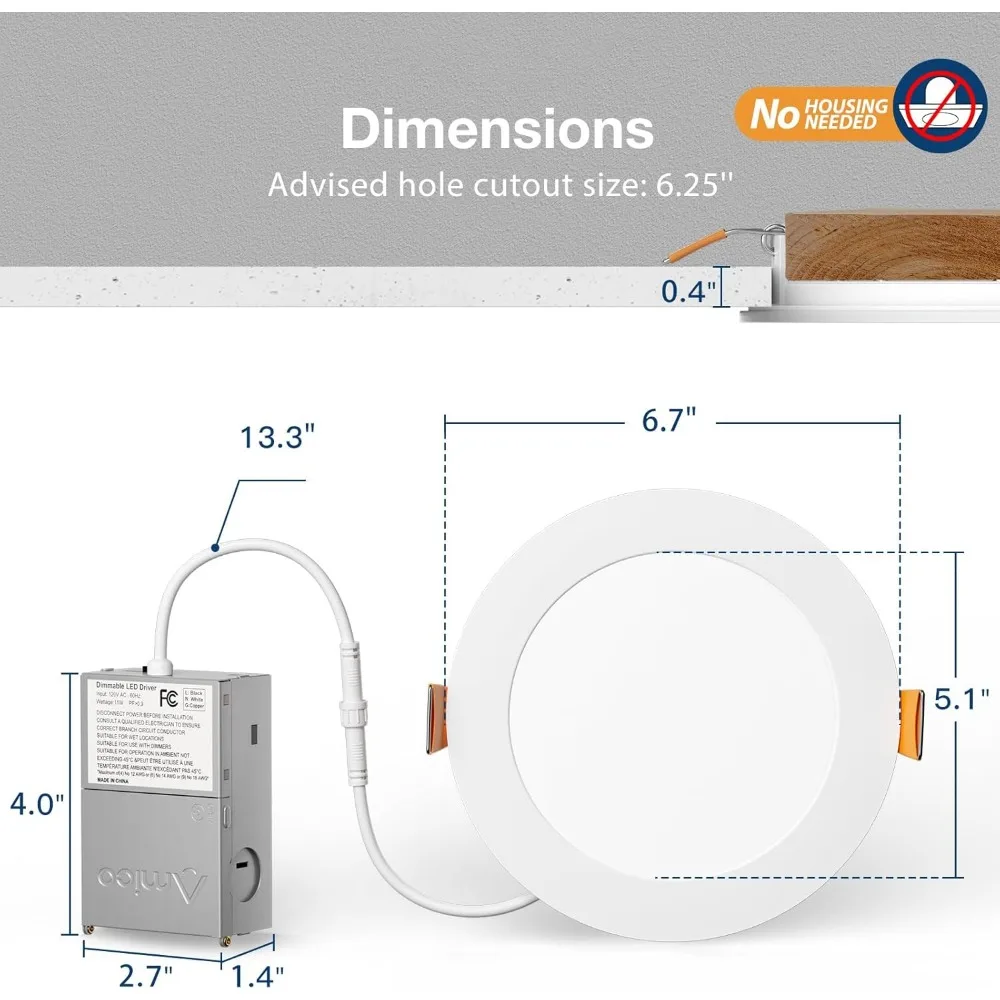 24 Pack 6 Inch 5CCT Ultra-Thin LED Recessed Ceiling Light with Junction Box, 1050LM Brightness, Dimmable Canless Wafer Downlight