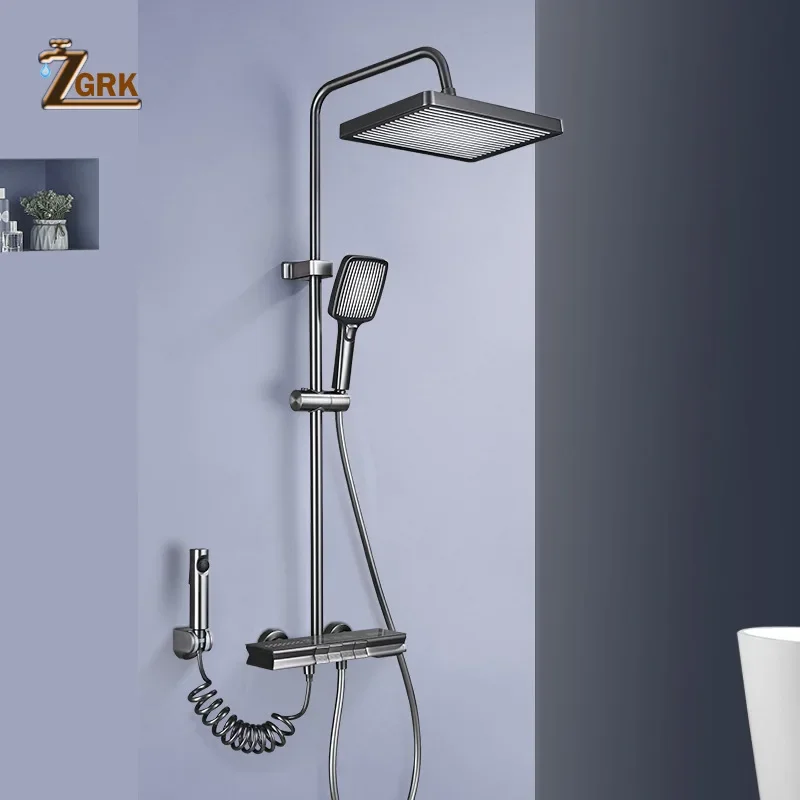 Waterfall Shower Faucet Set Digital Display Gun Grey Shower Set Bathroom Gradient  Light Thermostatic Shower System Set