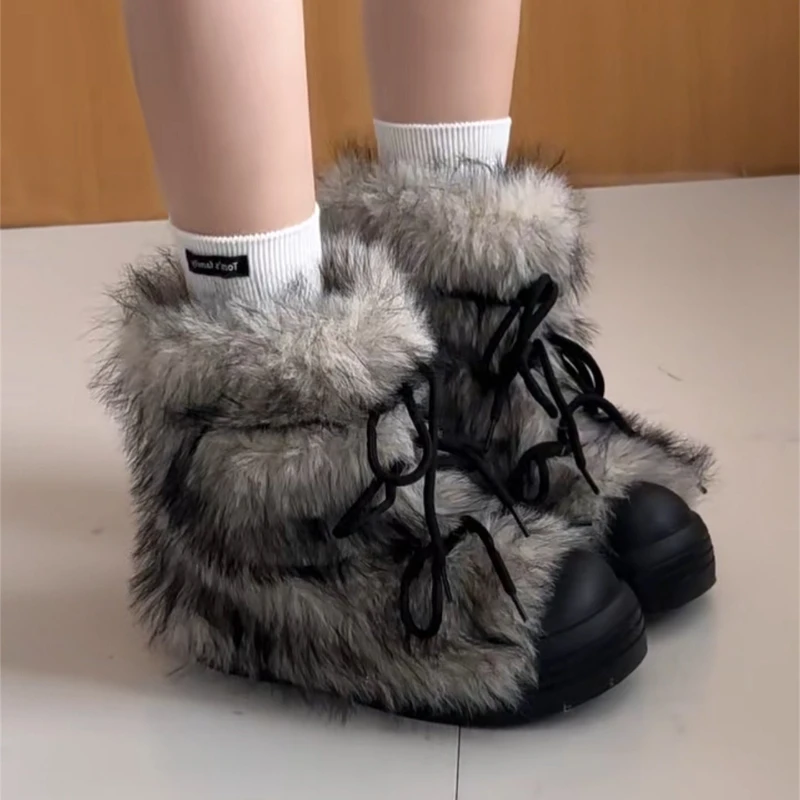 冬用、身長を高く見せる、女性用、ファー裏地付き、雪靴、シンプルなデザイン、丸いつま先、滑り止め付き、プラットフォーム、暖かい、ふわふわ素材のショートブーツ。