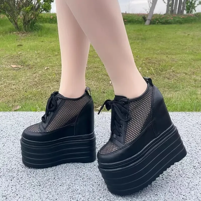 14 سنتيمتر 16 سنتيمتر جلد طبيعي النساء أحذية الصيف منصة أحذية رياضية صندل خشبي عالية الكعب جوفاء جلد طبيعي موضة أحذية رياضية