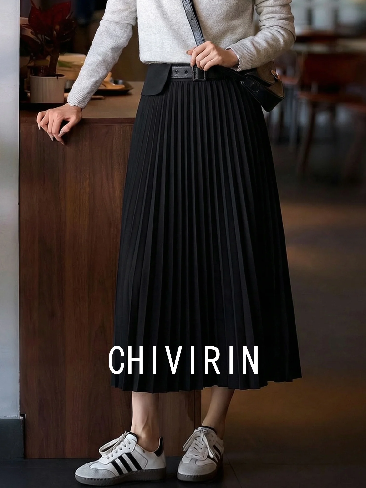 

Chivirin Hepburn Sle High Waist A-Line Midi Skirt Women's Bla Pleated Skirt Spring Autumn New Arrival Slimming Effect