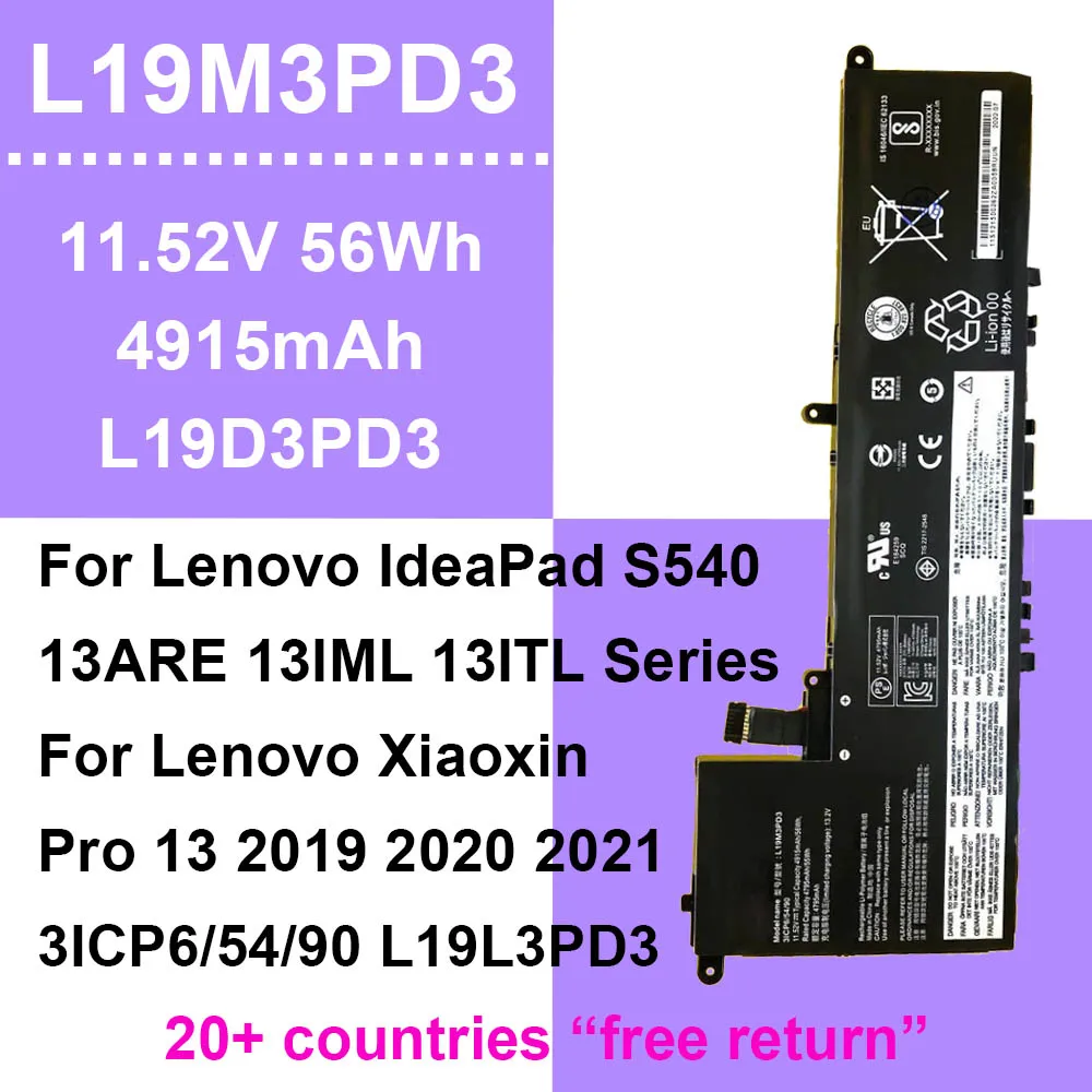 

FOR LENOVO L19M3PD3 Laptop Battery Xiaoxin Pro 13 2019 2020 2021 IdeaPad S540-13ARE 13IML 13ITL L19L3PD3 L19D3PD3 3ICP6/54/90