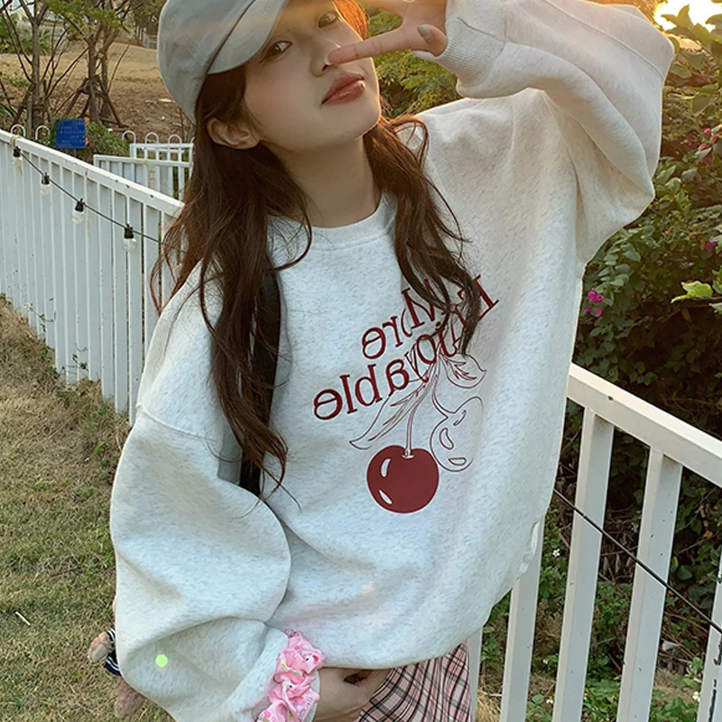 2024 Spring Autumn Women Korean Cherry Print Round Neck Long Sleeve Loose Casual Sweatshirt For Women