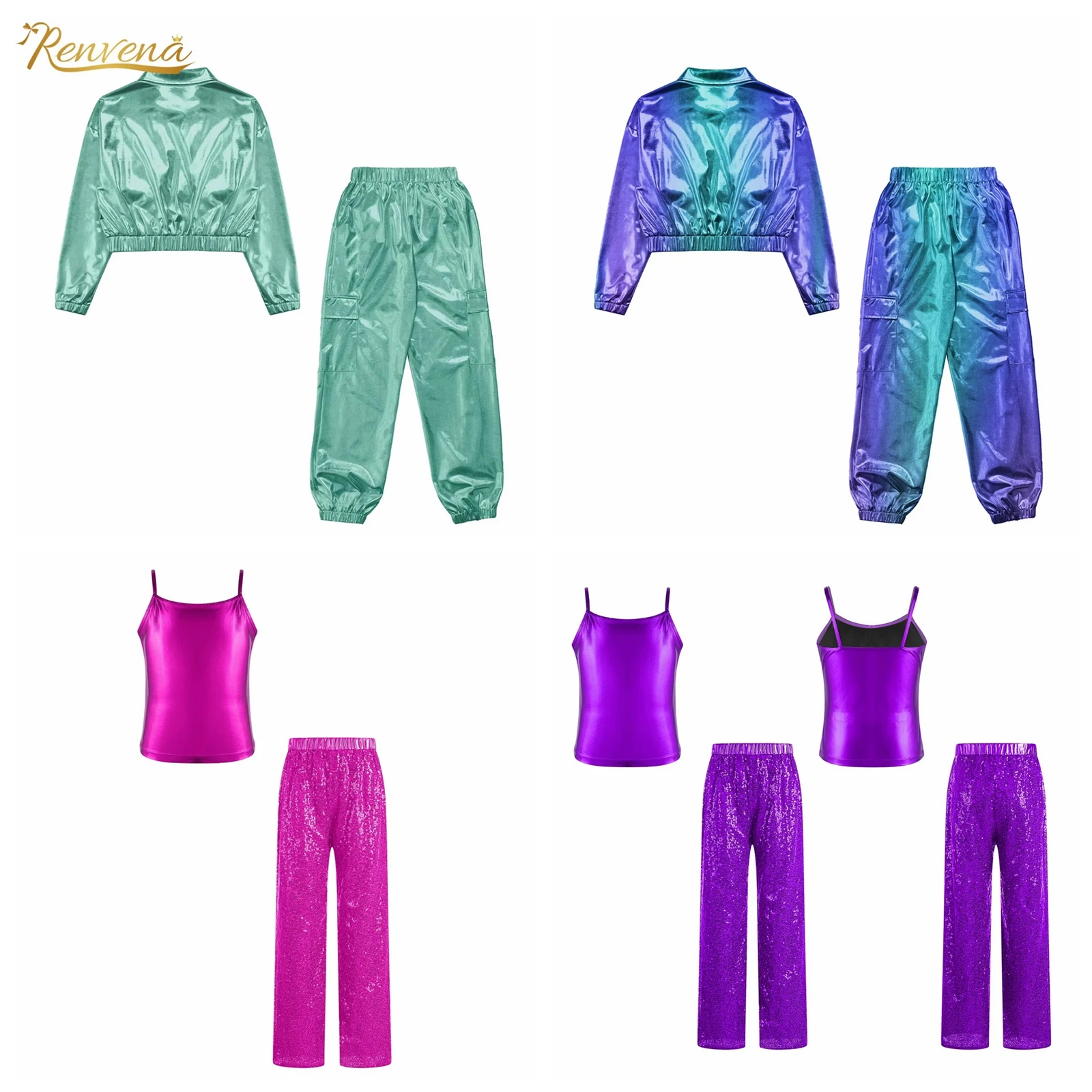Kids Girls Hip Hop Clothes Modern Dancewear Teen Fashion Jazz Dance Costume Stage Performance Outfit Metallic Sequin Pants Suits