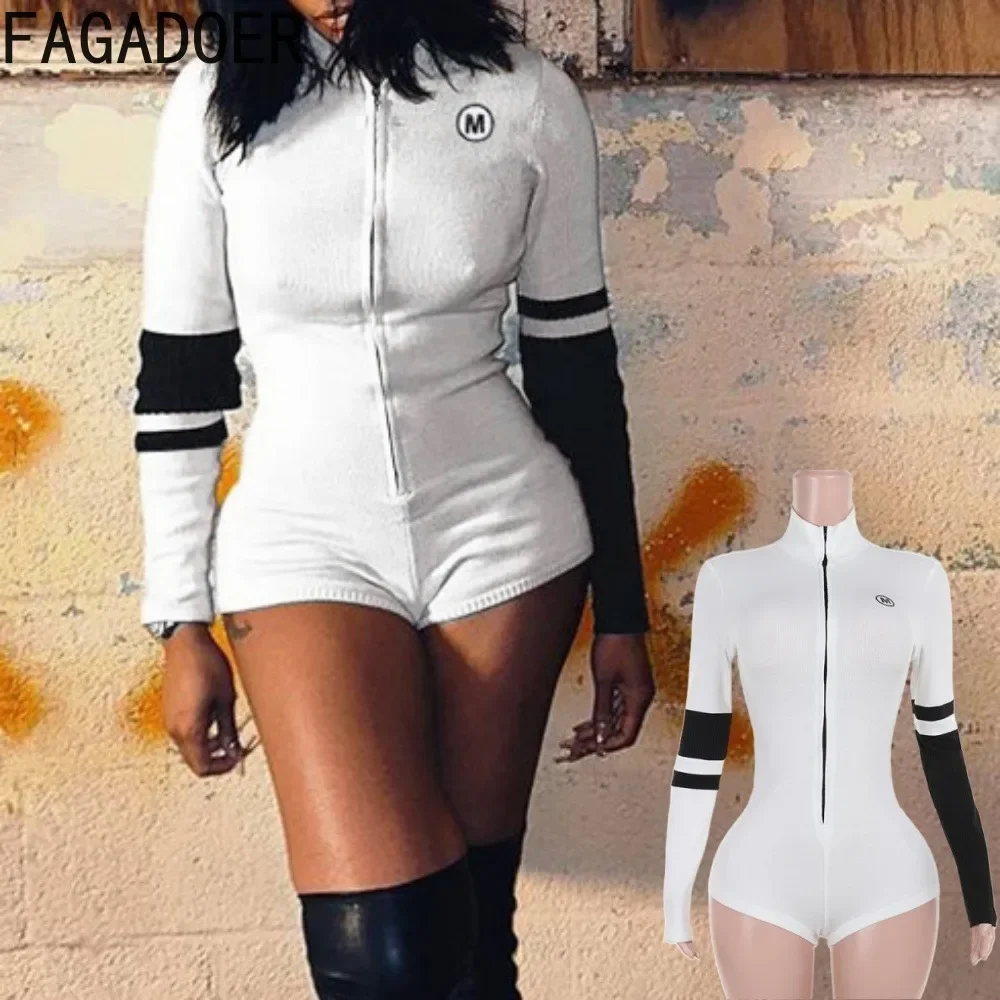 

FAGADOER Fashion Rib Bodycon Rompers Women White Black Patchwork Zip One Piece Jumpsuits Hot Girl Moto Streetwear Y2K Autumn New