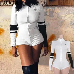 FAGADOER Fashion Rib Bodycon Rompers Women White Black Patchwork Zip One Piece Jumpsuits Hot Girl Moto Streetwear Y2K Autumn New