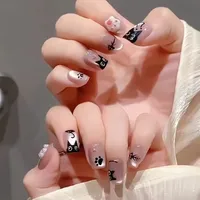 24Pcs Halloween Coffin False Nails Full Cover Cute Black Cat Glitter Cat Eye Wearable False Nails Artificial Short Press on Nail