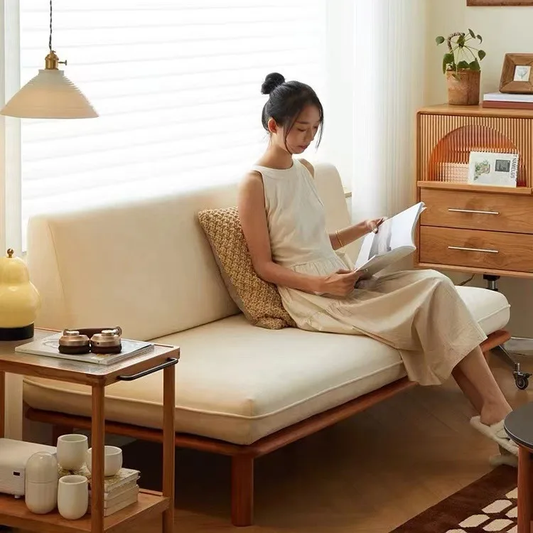 

Wabi-sabi style solid wood sofa, natural wood fabric straight-row sofa