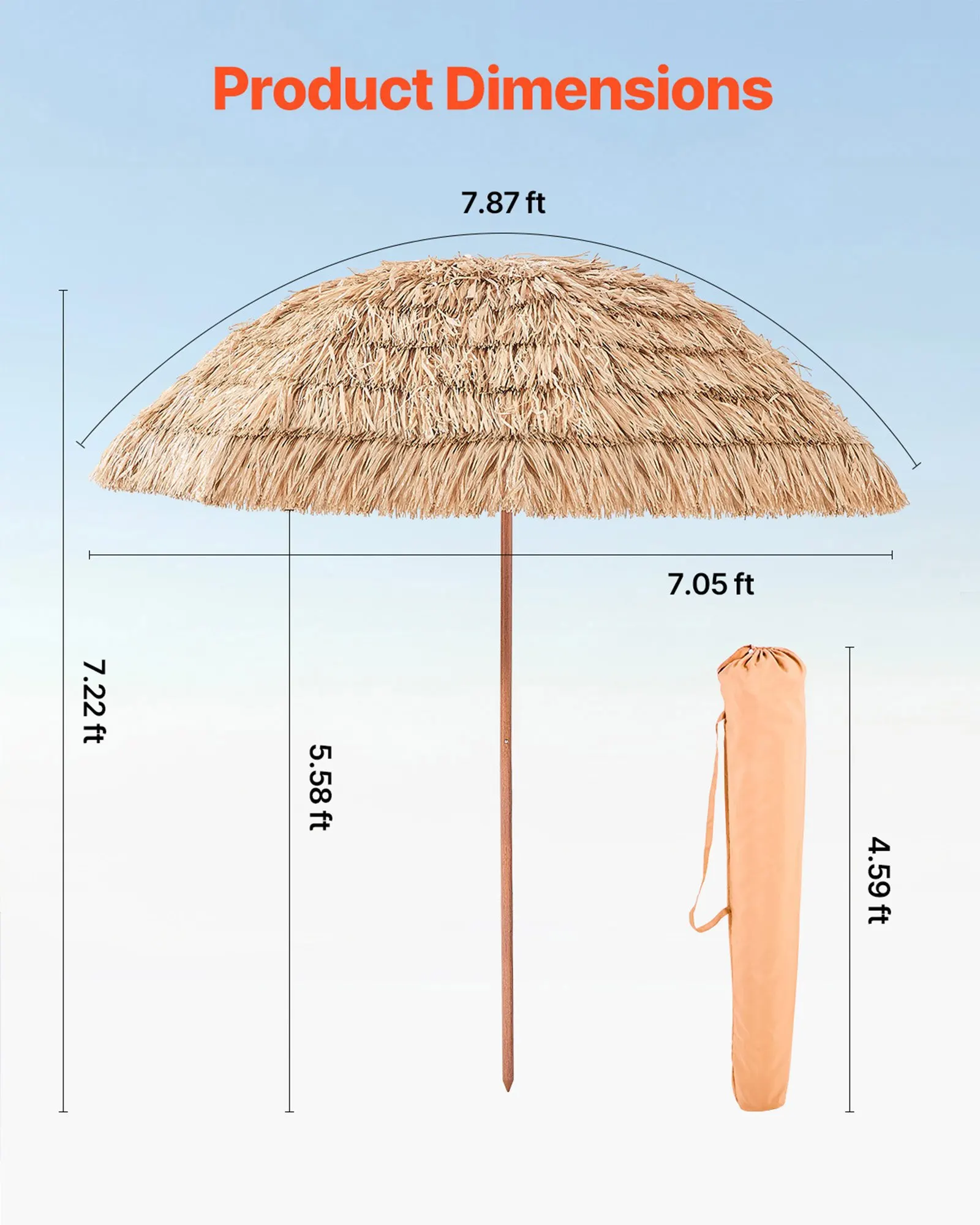

Зонт Tiki, 8-футовый садовый зонт с наклонной конструкцией, пляжный зонт в гавайском стиле с прочным полипропиленовым покрытием и 8 металлическими спицами