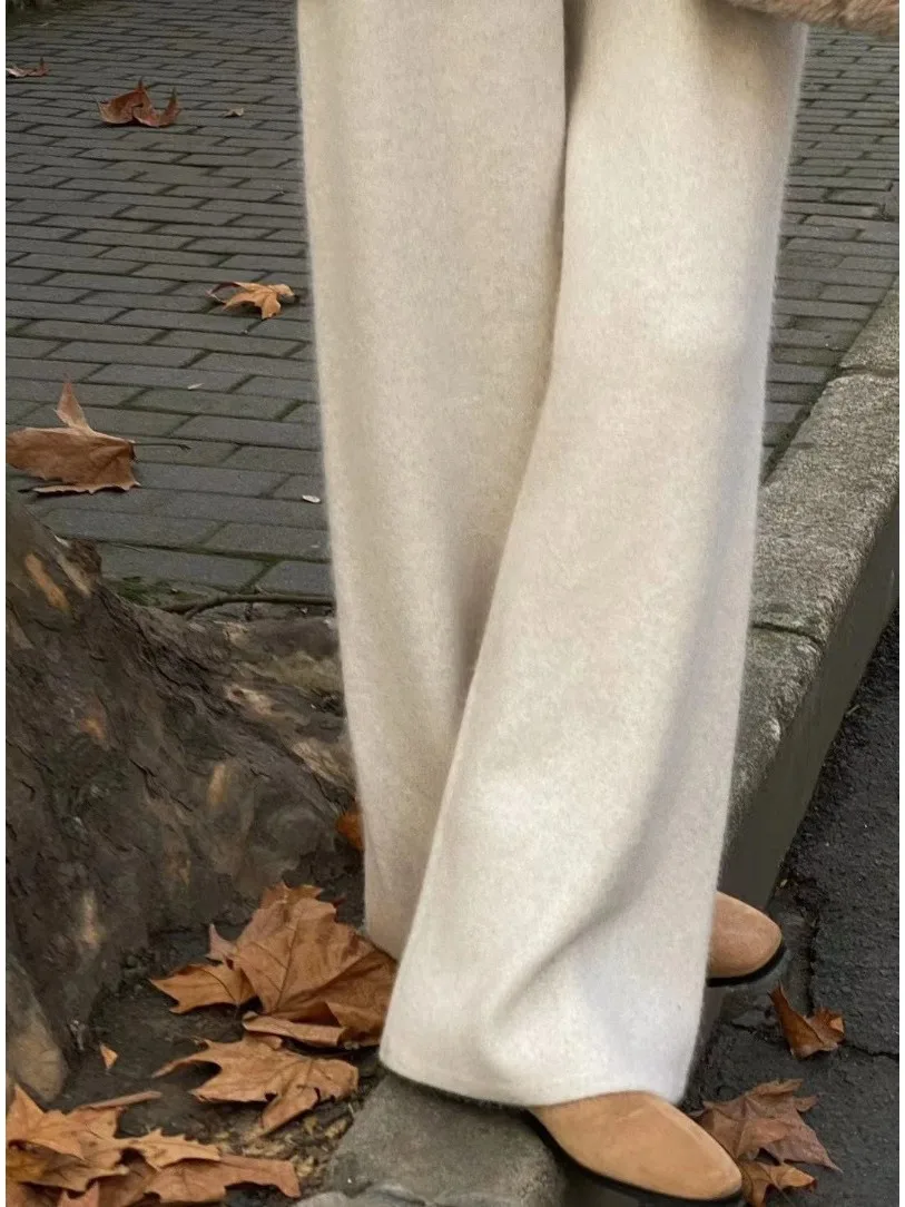 00% Zuivere Wol Gebreide Wijde Pijpen Broek Dames Herfst Winter Vintage Europese Sle Gedrapeerde Uitgebreide Rechte Uitsparing Camere F...